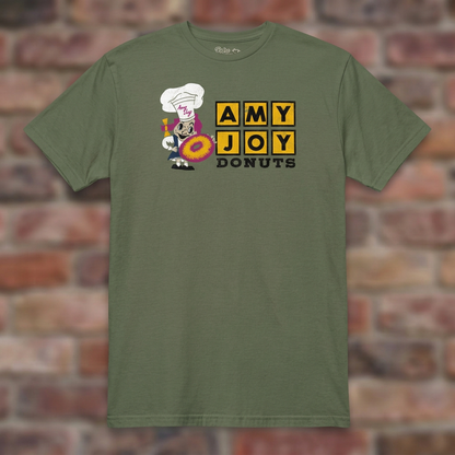Amy Joy Donuts Military Green T-shirt flat lay on brick background