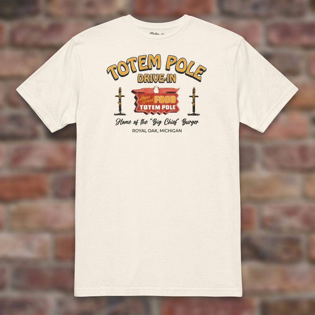 Totem Pole Drive-In Natural T-shirt flat lay on brick background