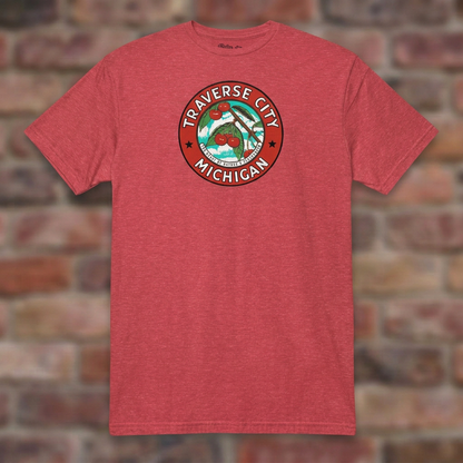 Traverse City Michigan Heather Red T-shirt flat lay on brick background
