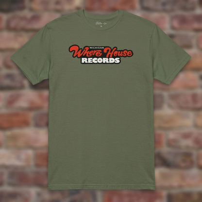 Wherehouse Records Michigan Military Green T-shirt flat lay on brick background
