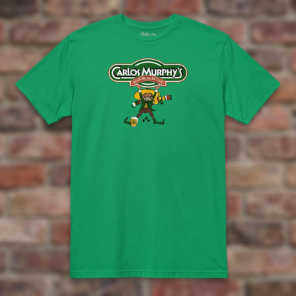 Carlos Murphy's Irish Green T-shirt flat lay on brick background