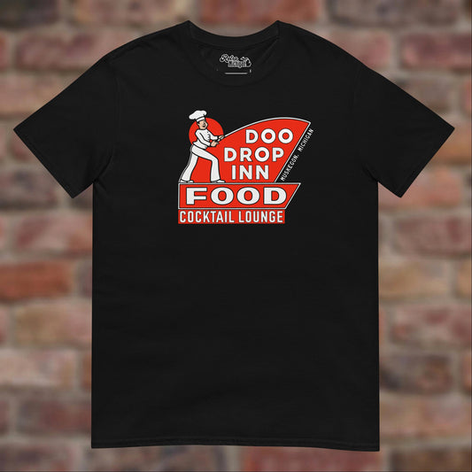 Doo Drop Inn Muskegon T-shirt in Black on weathered brick background