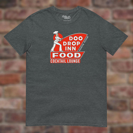 Doo Drop Inn Muskegon T-shirt in Dark Heather on weathered brick background