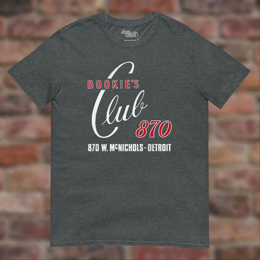 Bookie's Club 870 Detroit T-shirt in Dark Heather, flat lay on warm brick background