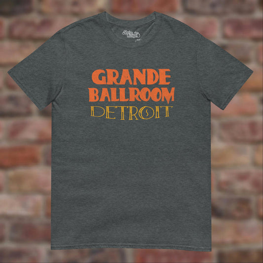 Grande Ballroom Detroit Dark Heather T-shirt flat lay on brick background