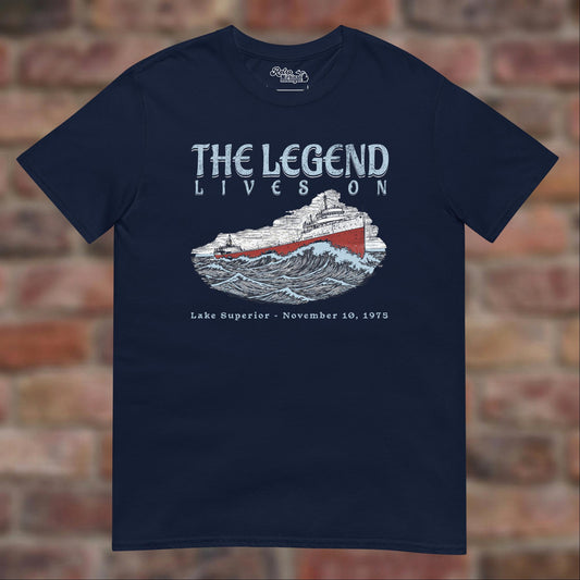 Navy Edmund Fitzgerald T-shirt flat lay on brick background, November 10, 1975